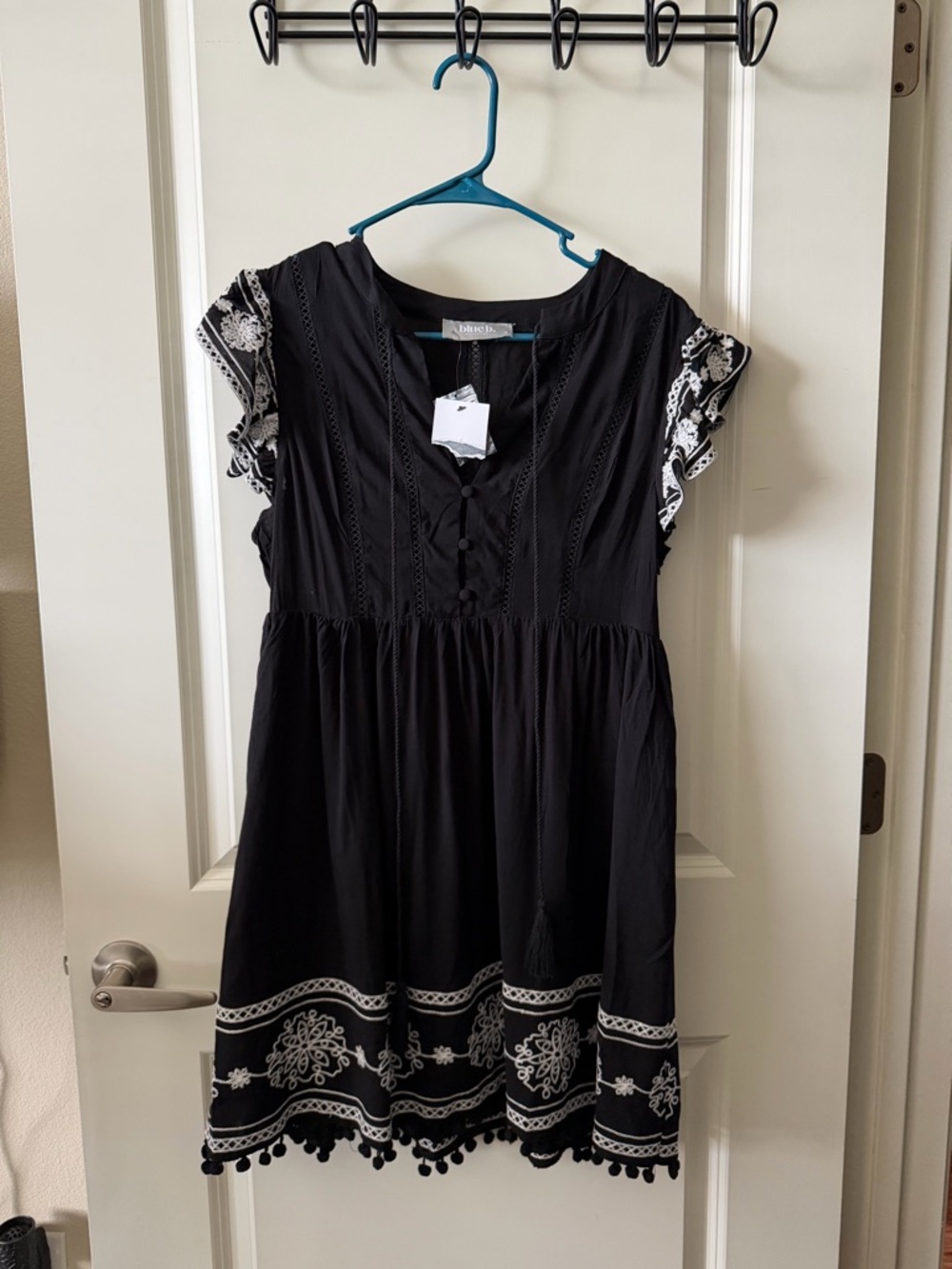 Black Embroidered Dress with Pom Trim